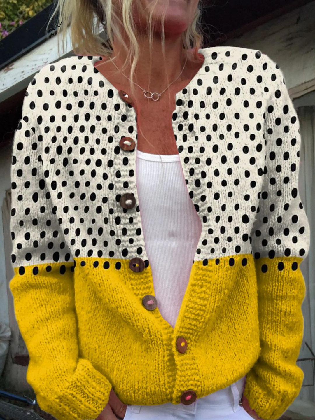 Yellow Polka Dots Print Buttoned Cardigan