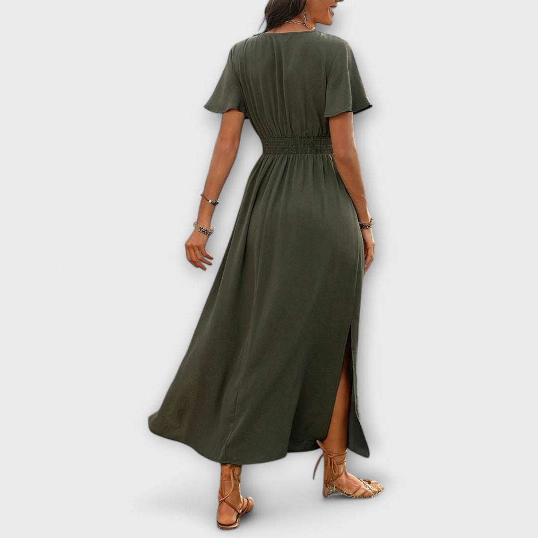 Heather - An elegant Boho dress with a V-neckline and long sleeves