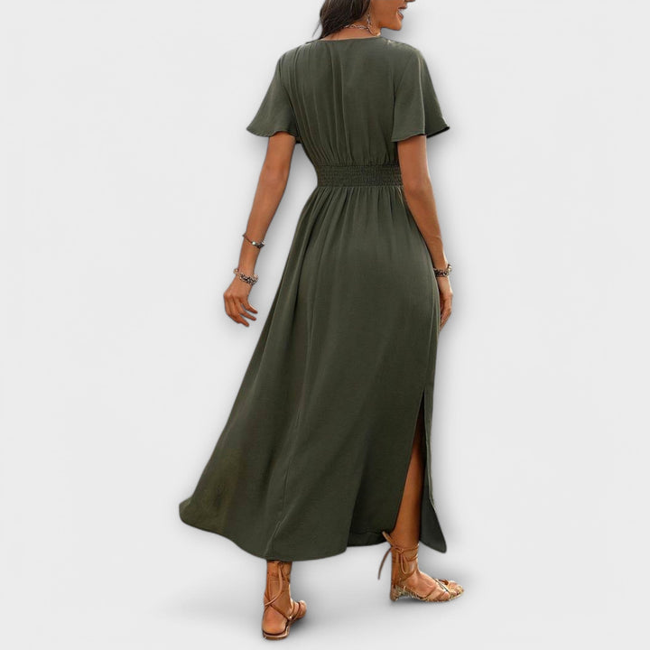 Heather - An elegant Boho dress with a V-neckline and long sleeves