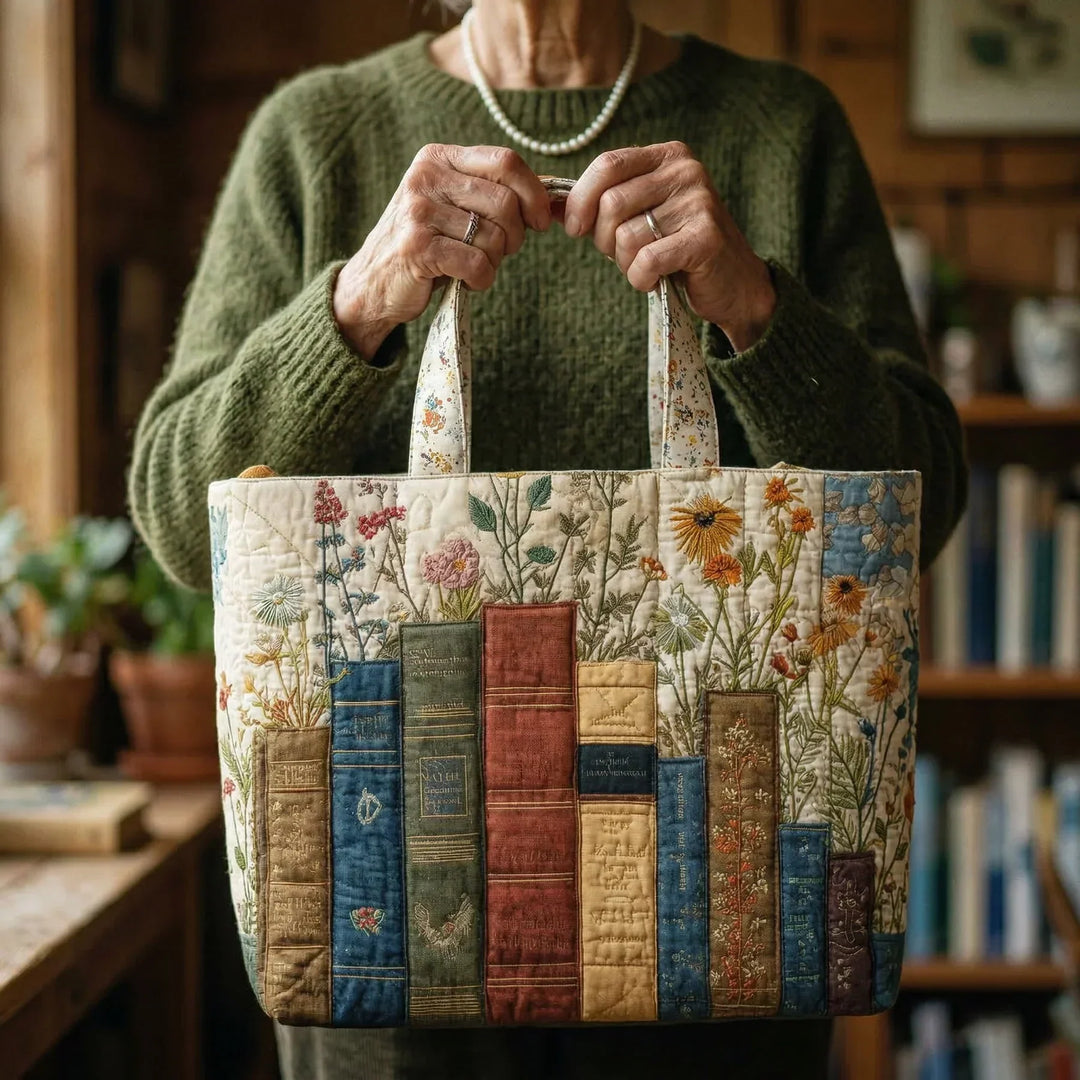 Quilted Tote - Books and Flowers