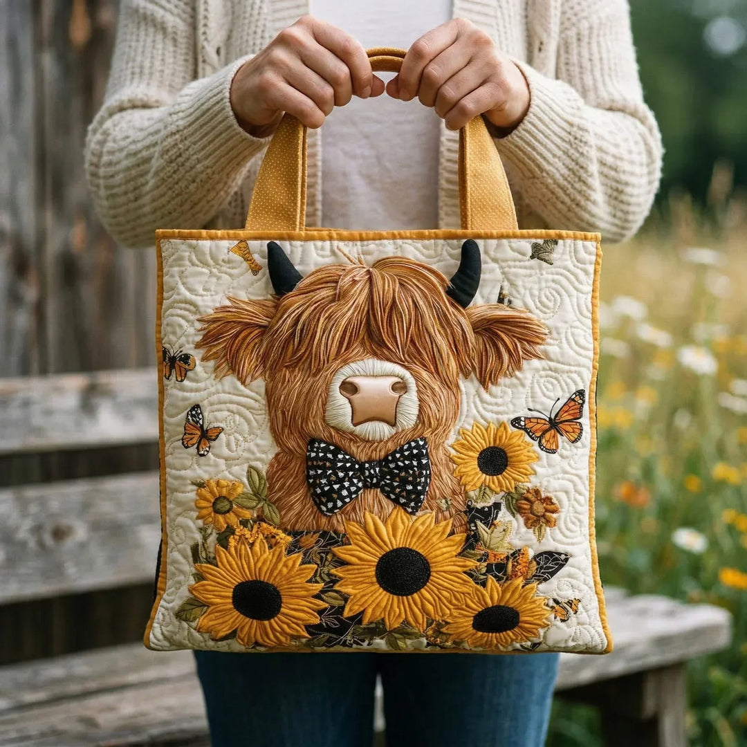 Quilted Tote - Highland Cow with Sunflowers